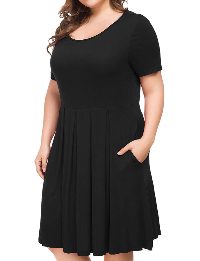 Tralilbee Women's Plus Size Short Sleeve Pleated Loose Swing Casual Dress with Pockets Knee Length Black 2XL - Image 3